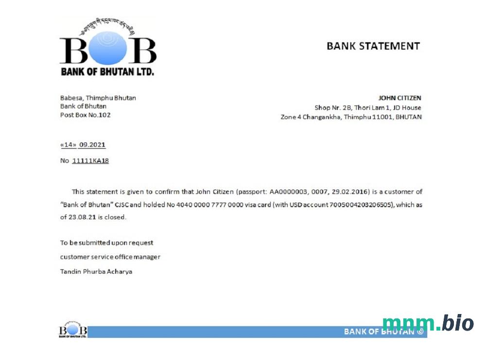 Przykład odniesienia do zamknięcia Bhutan Bank Of Bhutan w formatach Word i PDF